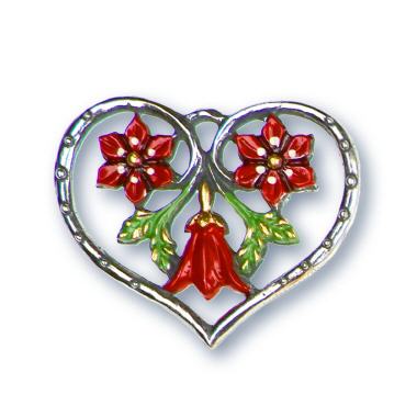 Zinnfigur Herz mit 3 Blumen rot